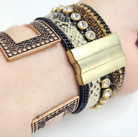 Behind meets steampunk bracelet duo brown copper rhinestones snake print - Picture 2 of 4